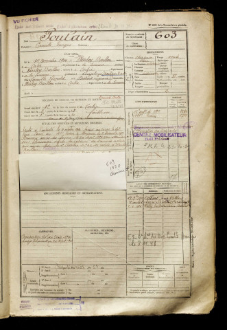Poulain, Camille Georges, né le 14 novembre 1900 à Warloy-Baillon (Somme), classe 1920, matricule n° 603, Bureau de recrutement d'Amiens