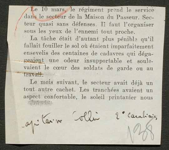 Témoignage de Collin, A. (Capitaine) et correspondance avec Jacques Péricard