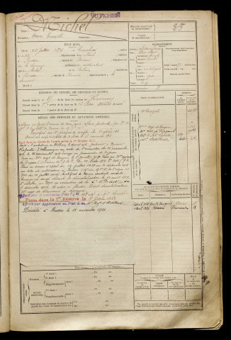 Michel, Henri Ernest, né le 26 juillet 1893 à Cambrai (Nord), classe 1913, matricule n° 85, Bureau de recrutement de Péronne