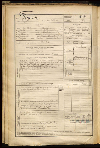 Faucon, Auguste, né le 08 novembre 1865 à Baizieux (Somme), classe 1885, matricule n° 604, Bureau de recrutement d'Amiens