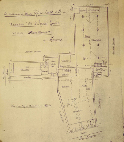 Plan du rez de chaussée des Etablissements de MM. Lefèvre Calot et Cie, magasins "à l'Amiral Courbet" n°23 et 25 Place Gambetta à Amiens