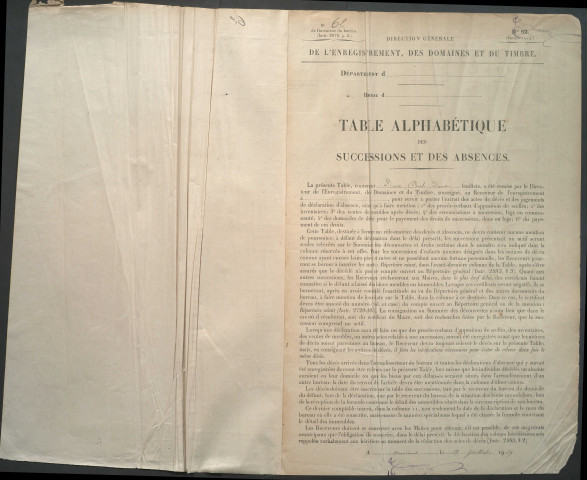 Table des successions et absences du bureau d'Amiens