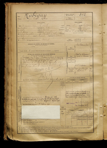 Rubigny, Louis Eugène Cléophas, né le 30 janvier 1877 à Chilly (Somme), classe 1897, matricule n° 372, Bureau de recrutement de Péronne