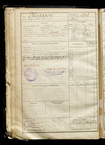 Masson, Philogène Albert Antonin, né le 15 octobre 1901 à Hornoy-le-Bourg (Somme), classe 1921, matricule n° 203, Bureau de recrutement d'Amiens