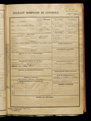 Grenin, Léon Edmond Moïse, né le 09 mars 1892 à Quivières (Somme), classe 1912, matricule n° 797, Bureau de recrutement de Péronne