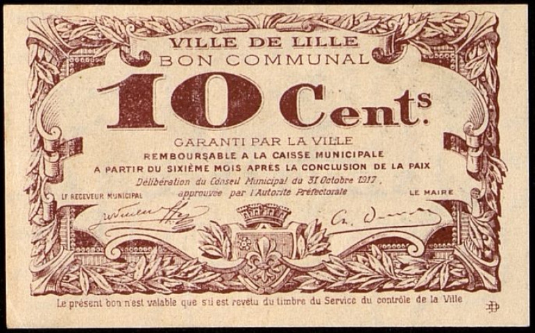 Papier monnaie, bons de change et pièces de monnaie en carton utilisés pendant la Grande Guerre à Lille