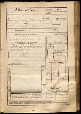 Bourbier, Vast Jean Baptiste Marcel, né le 06 février 1869 à Albert (Somme), classe 1889, matricule n° 762, Bureau de recrutement de Péronne