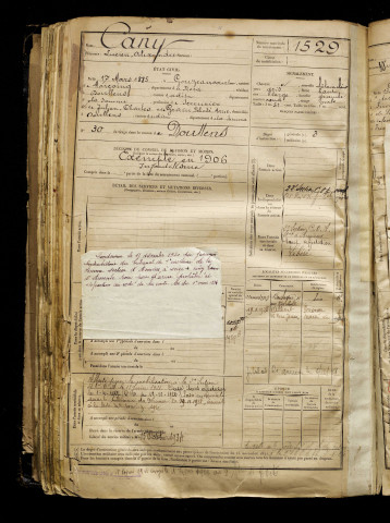Cany, Lucien Alexandre, né le 17 mars 1885 à Gouzeaucourt (Nord), classe 1905, matricule n° 1529, Bureau de recrutement d'Abbeville