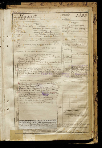 Buquet, Estéphe Siméon, né le 18 février 1879 à Sains-en-Amiénois (Somme), classe 1899, matricule n° 1399, Bureau de recrutement d'Amiens