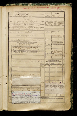Demarle, Louis Charles Eugène, né le 20 février 1879 à Heudicourt (Somme), classe 1899, matricule n° 461, Bureau de recrutement de Péronne