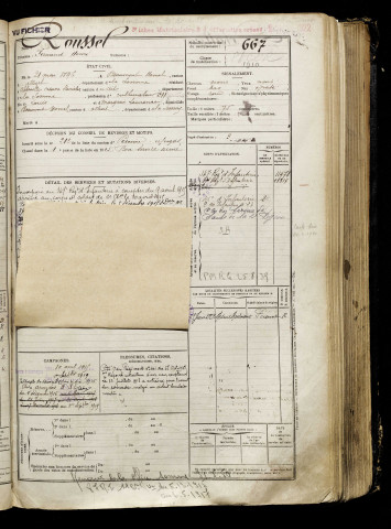 Roussel, Fernand Henri, né le 21 mai 1896 à Beaumont-Hamel (Somme), classe 1916, matricule n° 667, Bureau de recrutement de Péronne