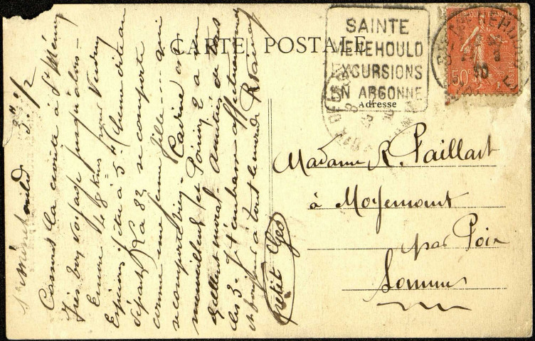 Carte postale intitulée "Ste-Ménéhould. L'église paroissiale". Correspondance de Raymond Paillart à sa femme Clémence