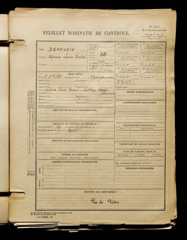 Dehesdin, Marie Louis André, né le 09 septembre 1891 à Yzengremer (Somme), classe 1911, matricule n° 1181, Bureau de recrutement d'Abbeville