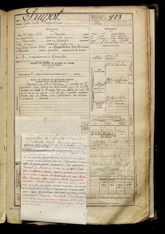 Pruvot, Jules Emile Raymond, né le 31 mars 1883 à Maisnières (Somme), classe 1903, matricule n° 923, Bureau de recrutement d'Abbeville