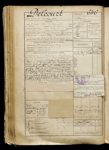 Delcourt, Antoine Anatole Arthur, né le 27 mai 1892 à Dominois (Somme), classe 1912, matricule n° 646, Bureau de recrutement d'Abbeville