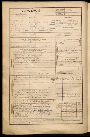 Ledoux, Hyppolyte Joseph, né le 05 juin 1868 à Puisieux (Pas-de-Calais), classe 1888, matricule n° 133, Bureau de recrutement de Péronne