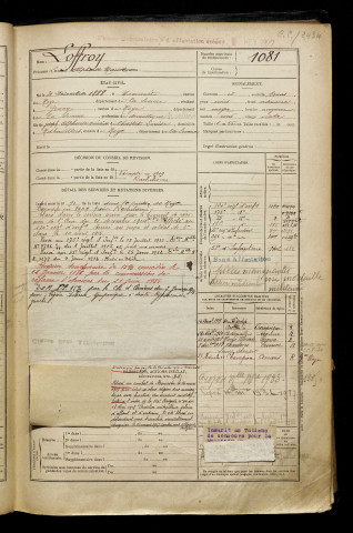 Loffroy, Louis Alphonse Marcel, né le 31 décembre 1888 à Curchy (Somme), classe 1908, matricule n° 1081, Bureau de recrutement de Péronne