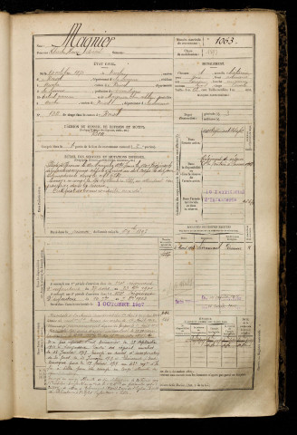 Magnier, Charles Henri Désiré, né le 10 octobre 1873 à Nurlu (Somme), classe 1893, matricule n° 1063, Bureau de recrutement de Péronne