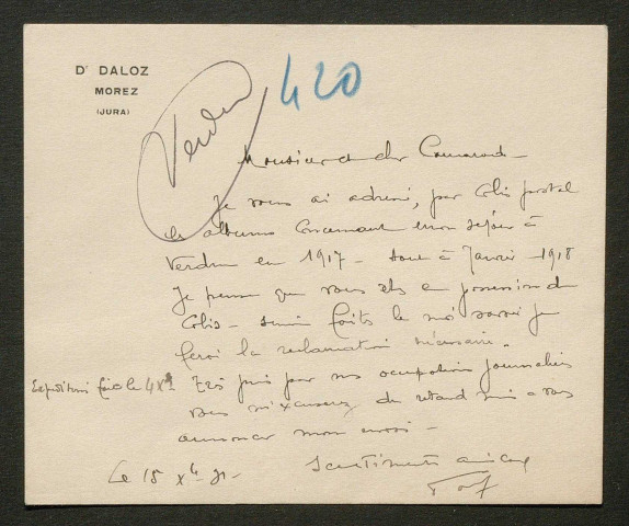 Témoignage de Daloz, Edouard (Médecin aide major) et correspondance avec Jacques Péricard