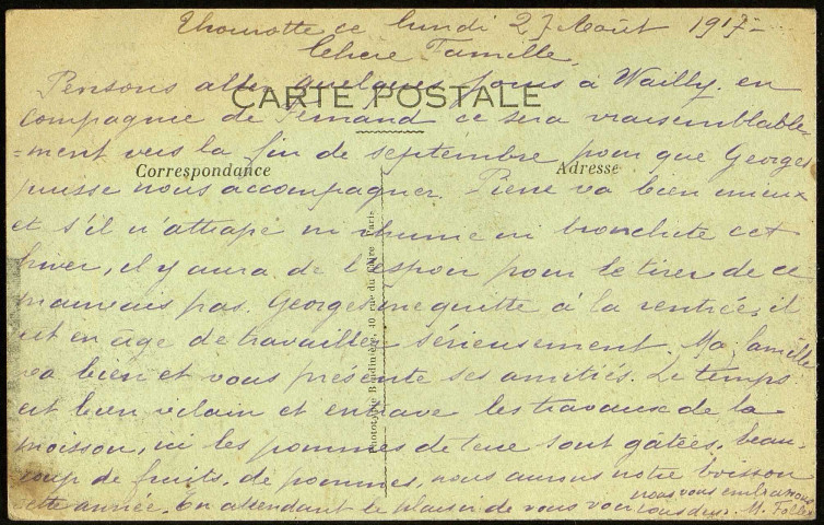 La France reconquise (1917). Beuvraignes (Somme), ruines de tout un groupe de maisons. Carte postale adressée depuis Thourotte dans l'Oise par M. Follet à sa famille