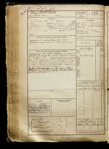 Chatelain, Robert Henri, né le 24 mars 1896 à Amiens (Somme), classe 1916, matricule n° 172, Bureau de recrutement de Péronne