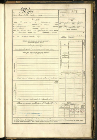 Ployer, Louis Adrien Emile, né le 28 avril 1861 à Hattencourt (Somme, France), classe 1881, matricule n° 967, Bureau de recrutement Péronne