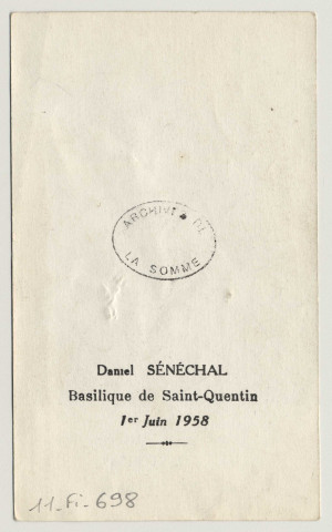 Ce n'est plus moi qui vis, mais le Christ qui vit en moi. Souvenir de première communion. Image de communion de Daniel Sénéchal en la basilique de Saint-Quentin, le 1er juin 1958