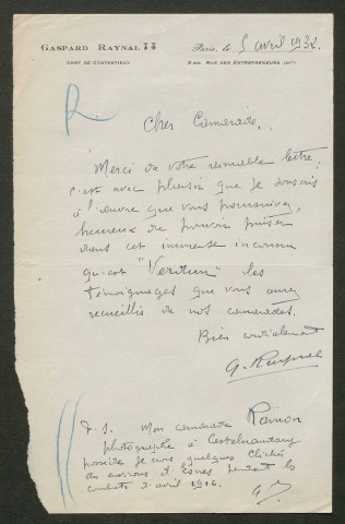 Témoignage de Raynal, Gaspard (Brancardier) et correspondance avec Jacques Péricard