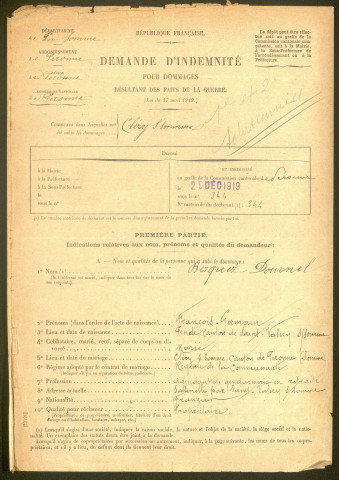 Cléry-sur-Somme. Demande d'indemnisation des dommages de guerre : dossier Berquez-Dournel