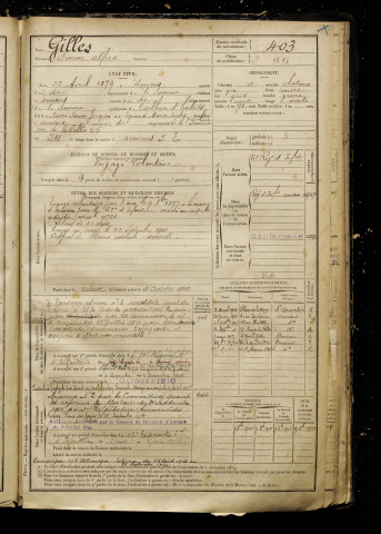 Gilles, Simon Alfred, né le 22 avril 1879 à Amiens (Somme), classe 1899, matricule n° 403, Bureau de recrutement d'Amiens