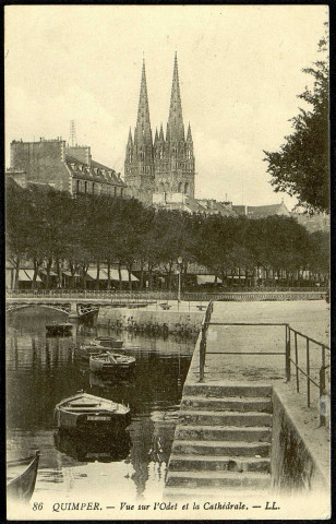 Carte postale intitulée "Quimper. Vue sur l'Odet et la cathédrale". Correspondance de Raymond Paillart à son fils Louis