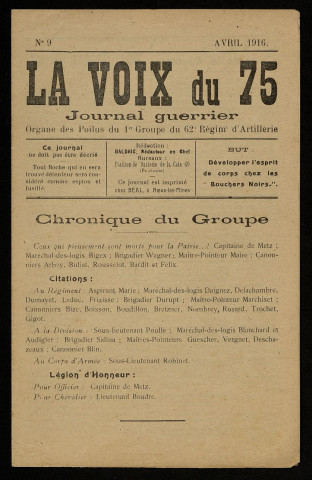 LA VOIX DU 75. JOURNAL GUERRIER. ORGANE DES POILUS DU 1ER GROUPE DU 62E REGIMENT D'ARTILLERIE