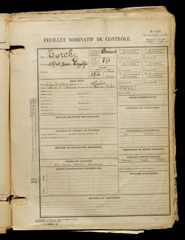 Torchy, Alfred Henri Hippolyte, né le 14 août 1890 à Frévent (Pas-de-Calais), classe 1910, matricule n° 850, Bureau de recrutement d'Amiens