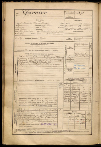 Garnier, Jules Oscar, né le 01 novembre 1869 à Ham (Somme), classe 1889, matricule n° 871, Bureau de recrutement de Péronne
