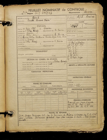 Roux, Camille Fernand Désiré, né le 11 juin 1886 à Querrieu (Somme), classe 1906, matricule n° 375, Bureau de recrutement d'Amiens