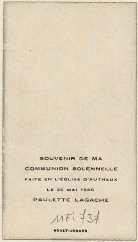 Le Christ donnant la communion à une jeune fille. Souvenir de communion solennelle de Paulette Lagache faite en l'église d'Autheux le 26 mai 1946