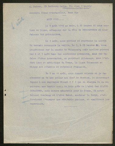 Témoignage de Nadeau, A. (Sergent) et correspondance avec Jacques Péricard