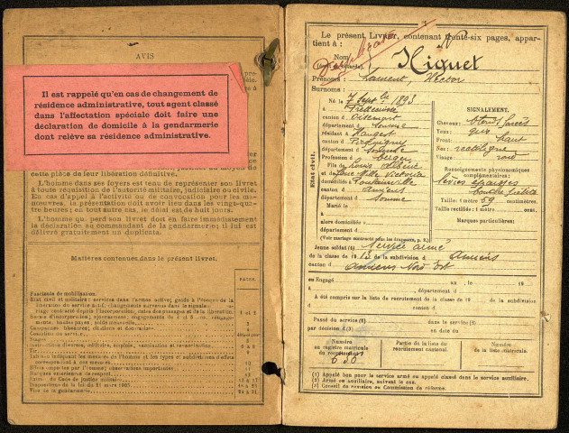 Livret militaire de Laurent Hector Niquet, né le 7 septembre 1893 à Frettecuisse (Somme), classe 1913, matricule n° 636, Bureau de recrutement d'Amiens