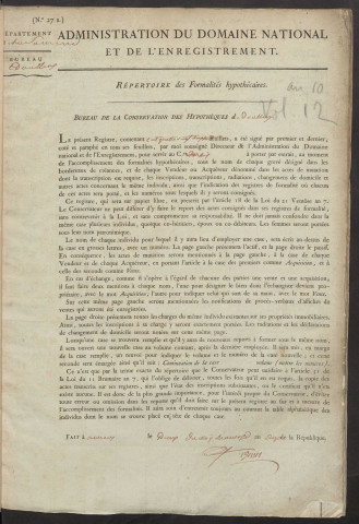 Répertoire des formalités hypothécaires, du 9 pluviôse an 10 au 15 floréal an 10, volume n° 12 (Conservation des hypothèques de Doullens)