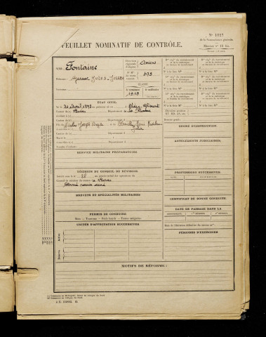 Fontaine, Germer Jules Joseph, né le 21 avril 1898 à Thézy-Glimont (Somme), classe 1918, matricule n° 478, Bureau de recrutement d'Amiens