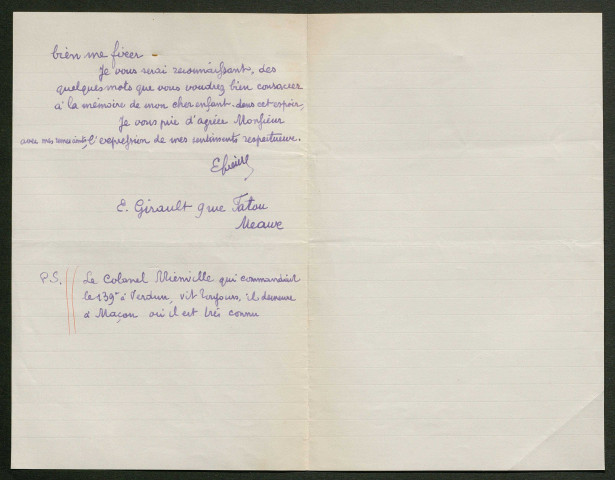 Témoignage de Girault, E. (Sous-lieutenant) et correspondance avec Jacques Péricard