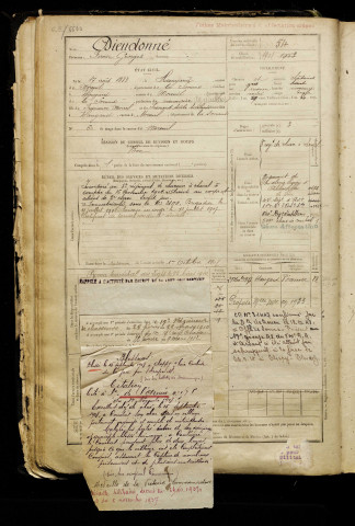 Dieudonné, Firmin Georges, né le 17 août 1883 à Hangard (Somme), classe 1903, matricule n° 54, Bureau de recrutement de Péronne