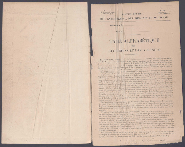 Table des successions et absences du bureau de Bernaville