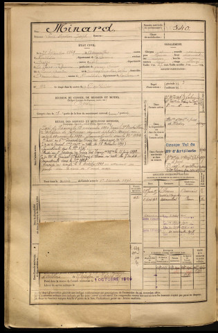 Minard, Louis Napoléon Joseph, né le 28 septembre 1869 à Assainvillers (Somme), classe 1889, matricule n° 340, Bureau de recrutement de Péronne