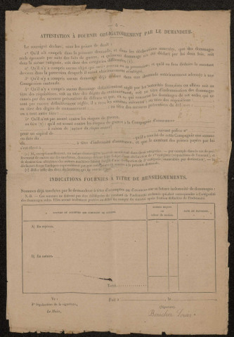 Damery. Demande d'indemnisation des dommages de guerre : dossier Boucher Louis