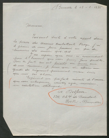 Témoignage de Delfosse, Antoine et correspondance avec Jacques Péricard