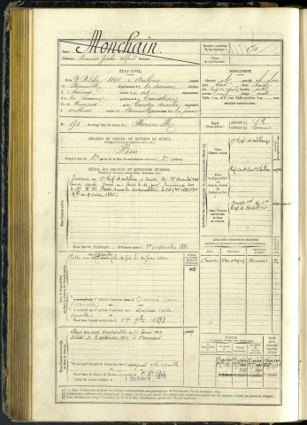Monchain, François Zéphir Alfred, né le 21 octobre 1864 à Autheux (Somme, France), classe 1884, matricule n° 170, Bureau de recrutement d'Abbeville