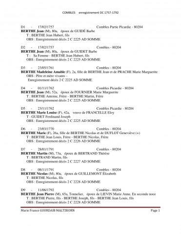 Combles. Décès et sépultures. Dépouillement des actes de 1757 à 1792 : liste alphabétique
