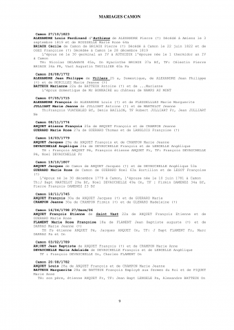 Camon. Mariages. Dépouillement des actes de 1668 à 1838 : liste alphabétique