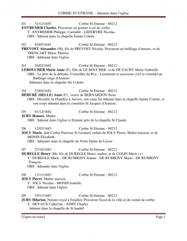 Corbie. Décès. Liste des personnes inhumées dans l'église Saint-Etienne de 1681 à 1718 : liste alphabétique